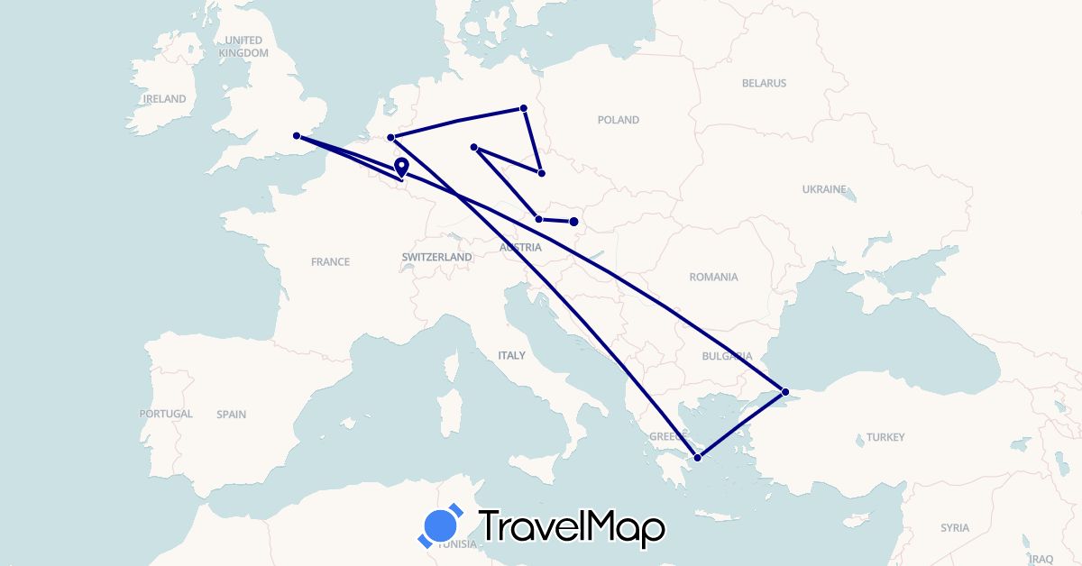 TravelMap itinerary: driving in Austria, Czech Republic, Germany, United Kingdom, Greece, Luxembourg, Netherlands, Turkey (Asia, Europe)
